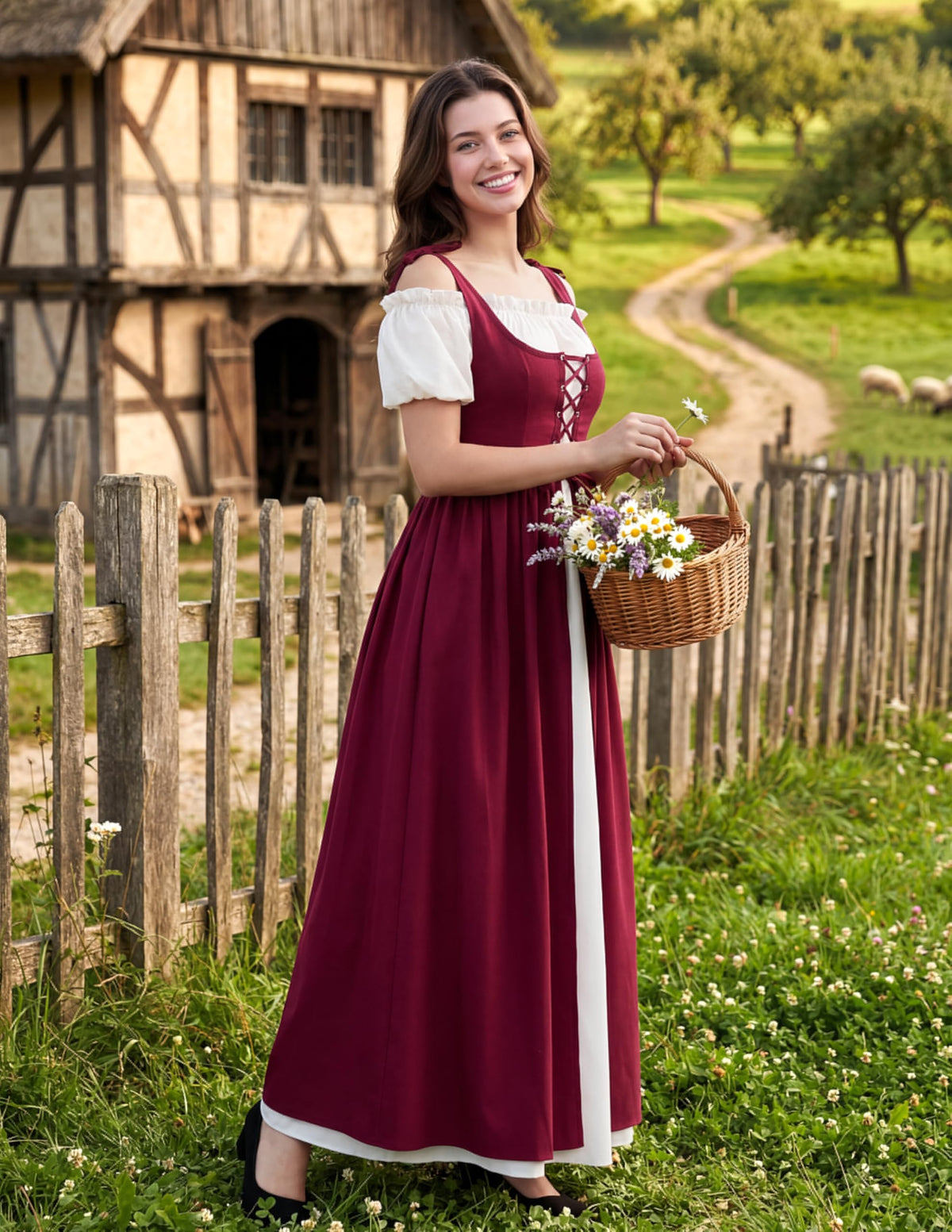 Women Medieval Renaissance Peasant Maxi Dress for Halloween