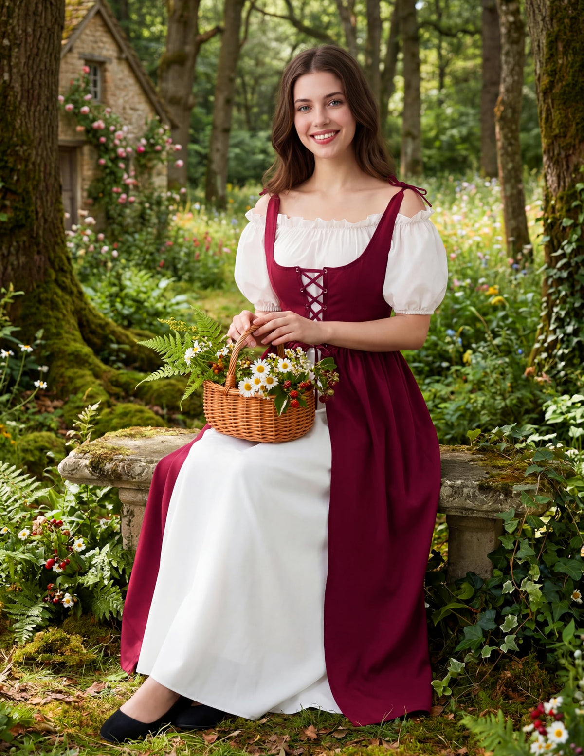 Women Medieval Renaissance Peasant Maxi Dress for Halloween