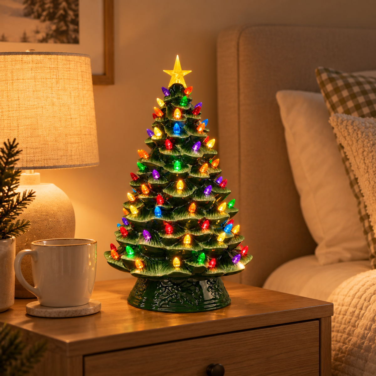 Vintage Ceramic Christmas Tree with Lights – Nostalgic Green Tabletop Tree with Star, 14" or 18"