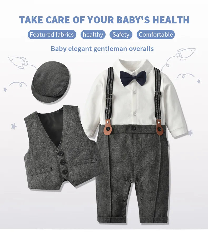 Baby Boys' Formal Gentleman Romper Set with Vest & Hat