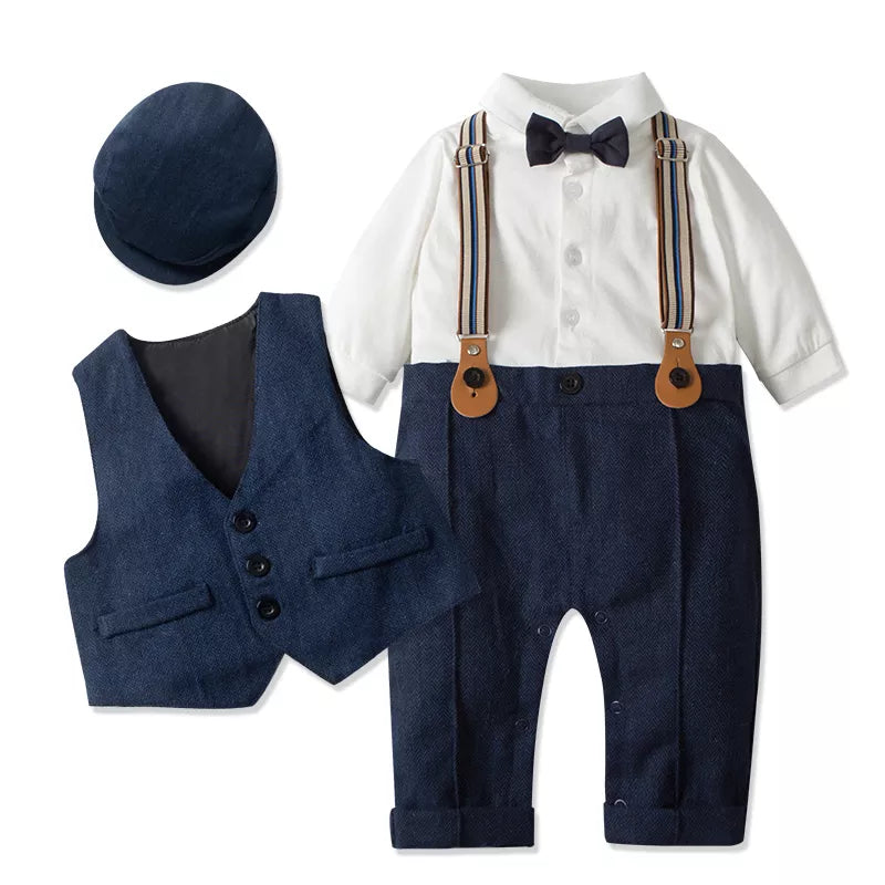 Baby Boys' Formal Gentleman Romper Set with Vest & Hat