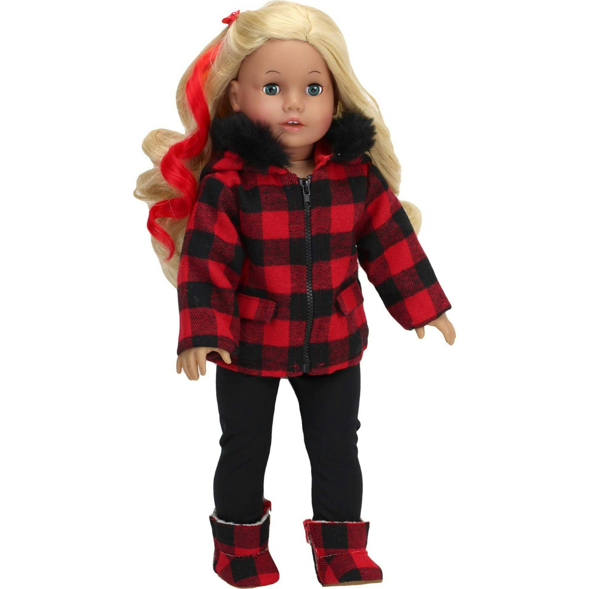 Sophia’s Buffalo Check Faux Fur-Trimmed Coat, Scarf, Leggings, and Boots for 18” Dolls, Black/Red