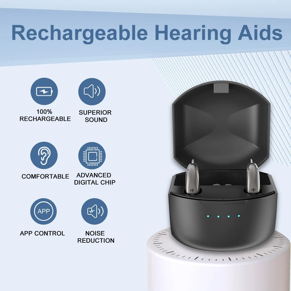 Bluetooth Hearing Aids with Noise Reduction and Rechargeable Battery Case