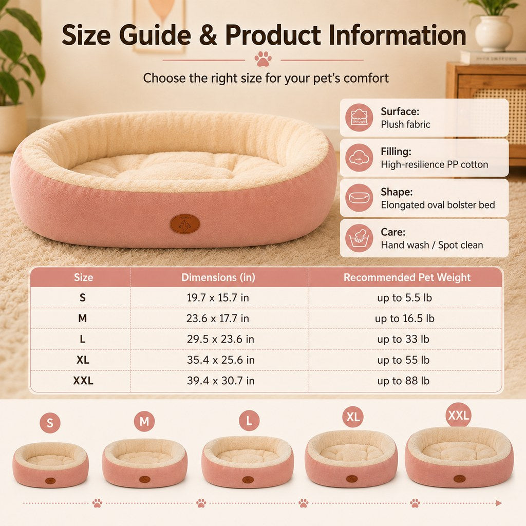 Cozy Oval Bolster Pet Bed for Cats & Dogs, Fleece or All-Season Indoor Bed for Cold Floors