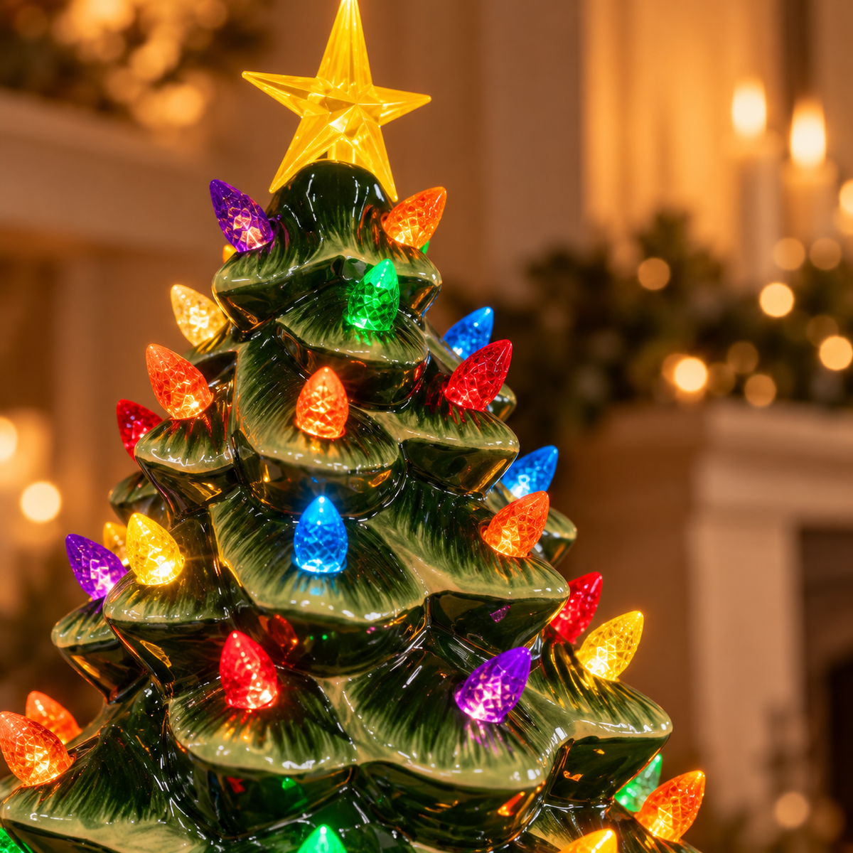 Vintage Ceramic Christmas Tree with Lights – Nostalgic Green Tabletop Tree with Star, 14" or 18"