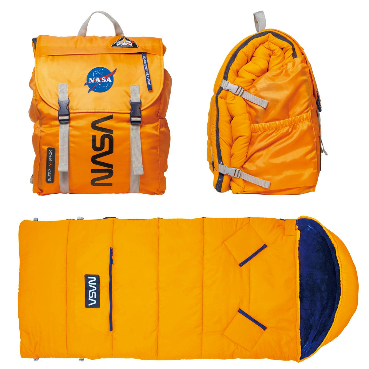 Sleep-N-Pack™ – Big Kid Size | NASA Official Logo & Patches | 2-in-1 Backpack & Sleeping Bag with Cozy Fleece Liner - ORANGE