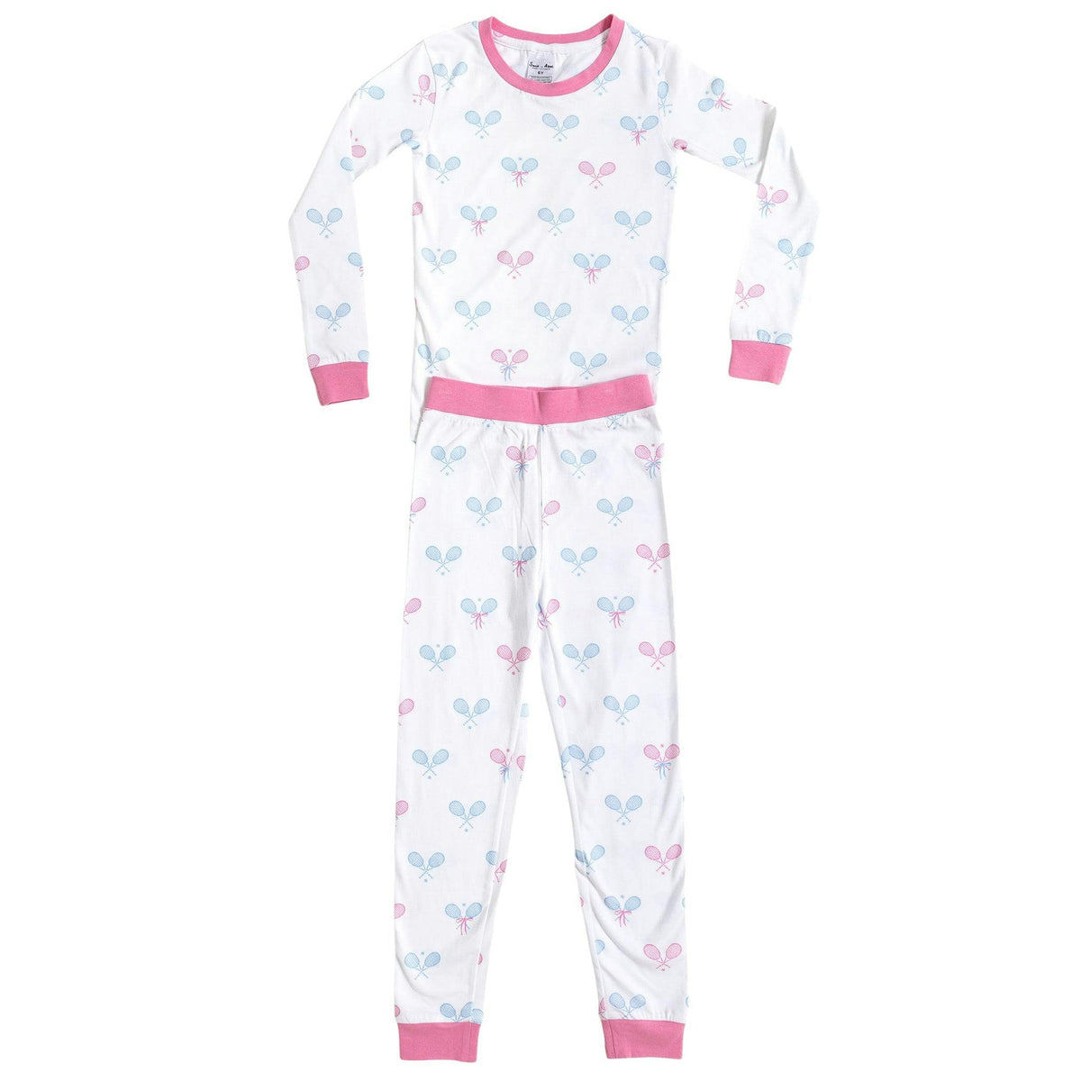 Kids Tennis Bows Long PJ Set - Blue Pink Organic Stretch Jersey Knit Cotton