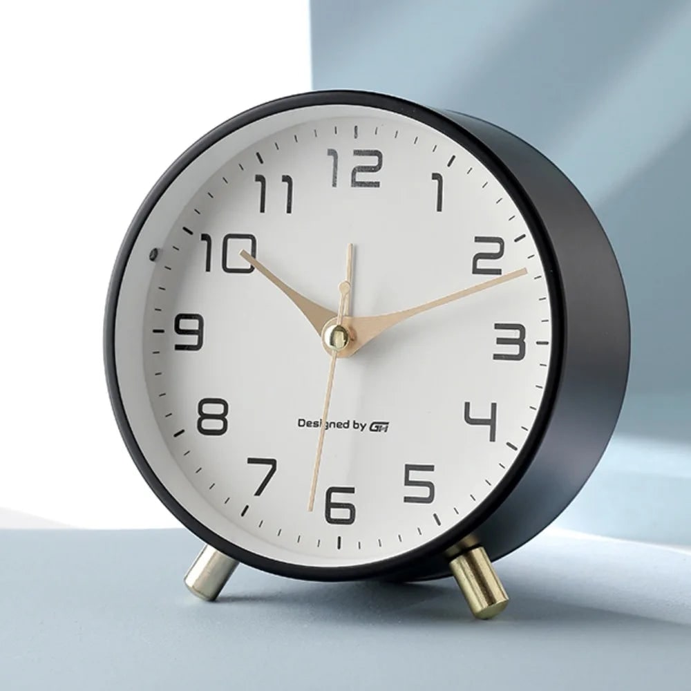 Desk Clock Table Analog Round Small Metal Peg Feet