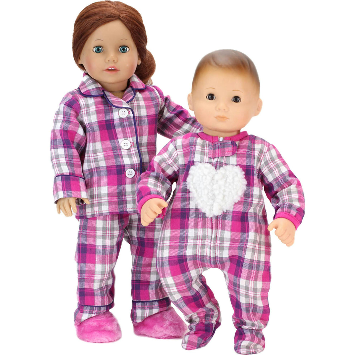 Sophia's Flannel Sleeper with Sherpa Heart for 15'' Baby Dolls, Hot Pink/Purple