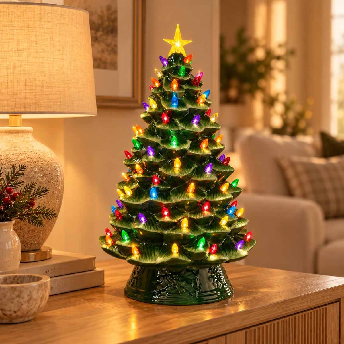 Vintage Ceramic Christmas Tree with Lights – Nostalgic Green Tabletop Tree with Star, 14" or 18"