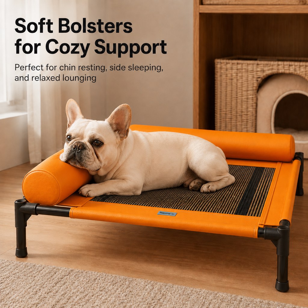 French Bulldog Elevated Dog Cot for All-Season Indoor Naps - Breathable Raised Pet Bed with Soft Bolsters for Cooler Rest & Easy Cleaning