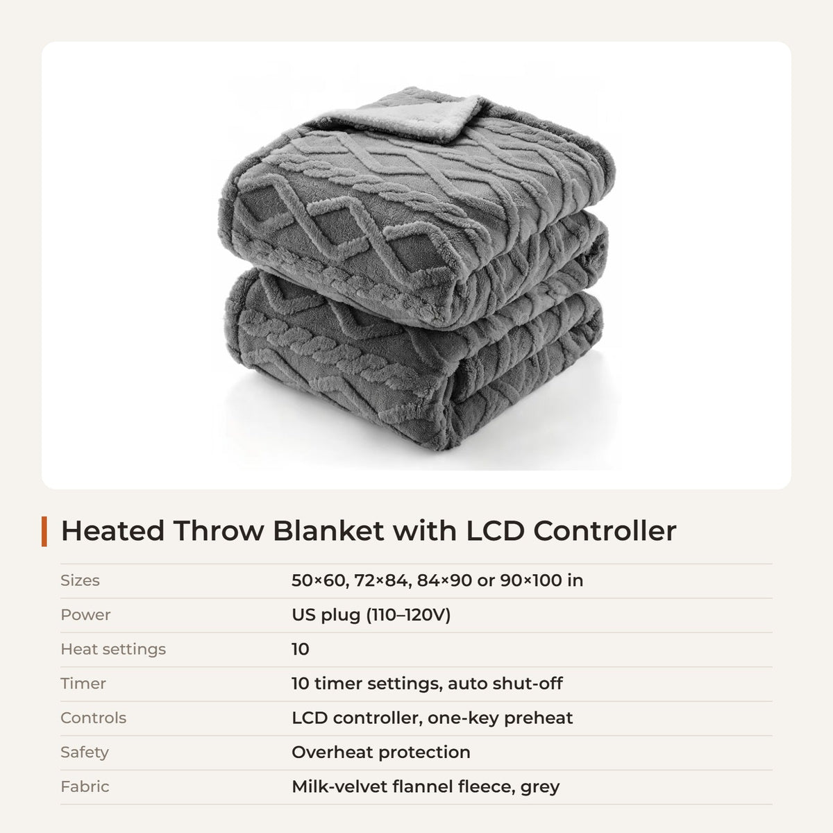 Heated Throw Blanket with LCD Controller, 10 Heat Levels, 10 Timer Settings & Auto Shut-Off, Flannel Fleece