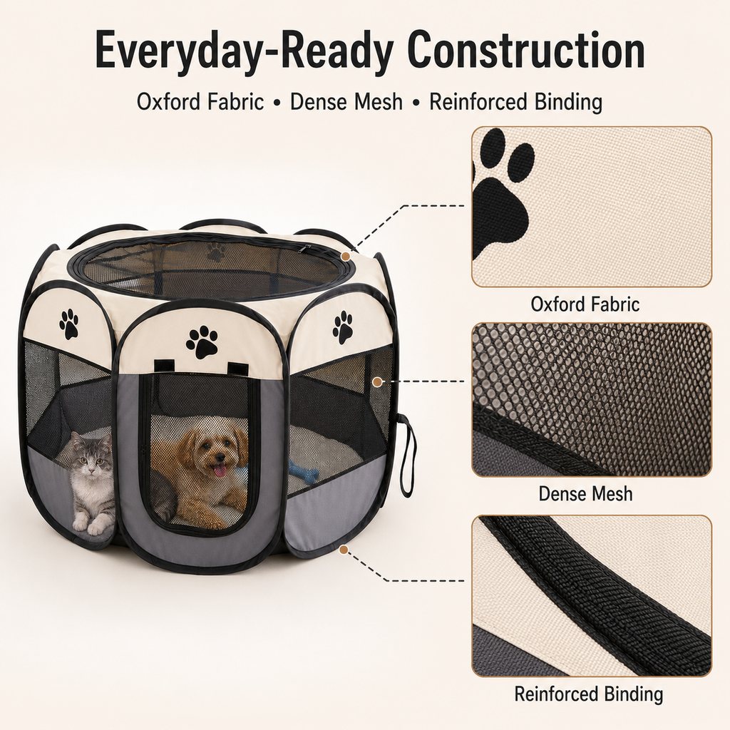 Portable Foldable Dog & Cat Playpen for Home, Travel & Camping - Breathable Space-Saving Pet Pen with Carry Bag
