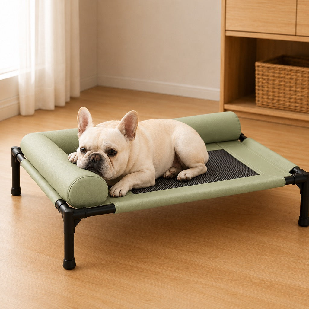 French Bulldog Elevated Dog Cot for All-Season Indoor Naps - Breathable Raised Pet Bed with Soft Bolsters for Cooler Rest & Easy Cleaning