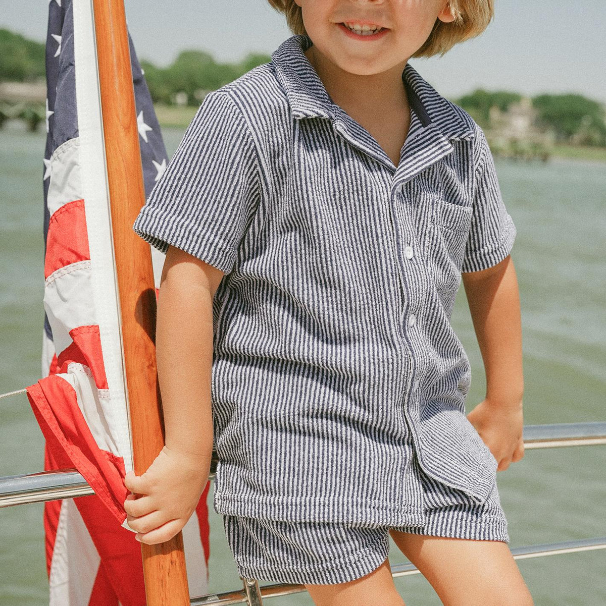 boys navy stripe french terry button up