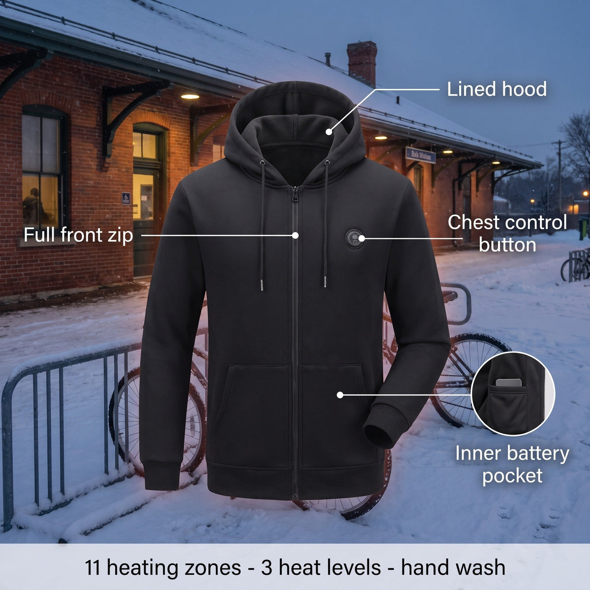 11 Zone Heated Hoodie Digital Display 3 Heat Settings Unisex Pullover