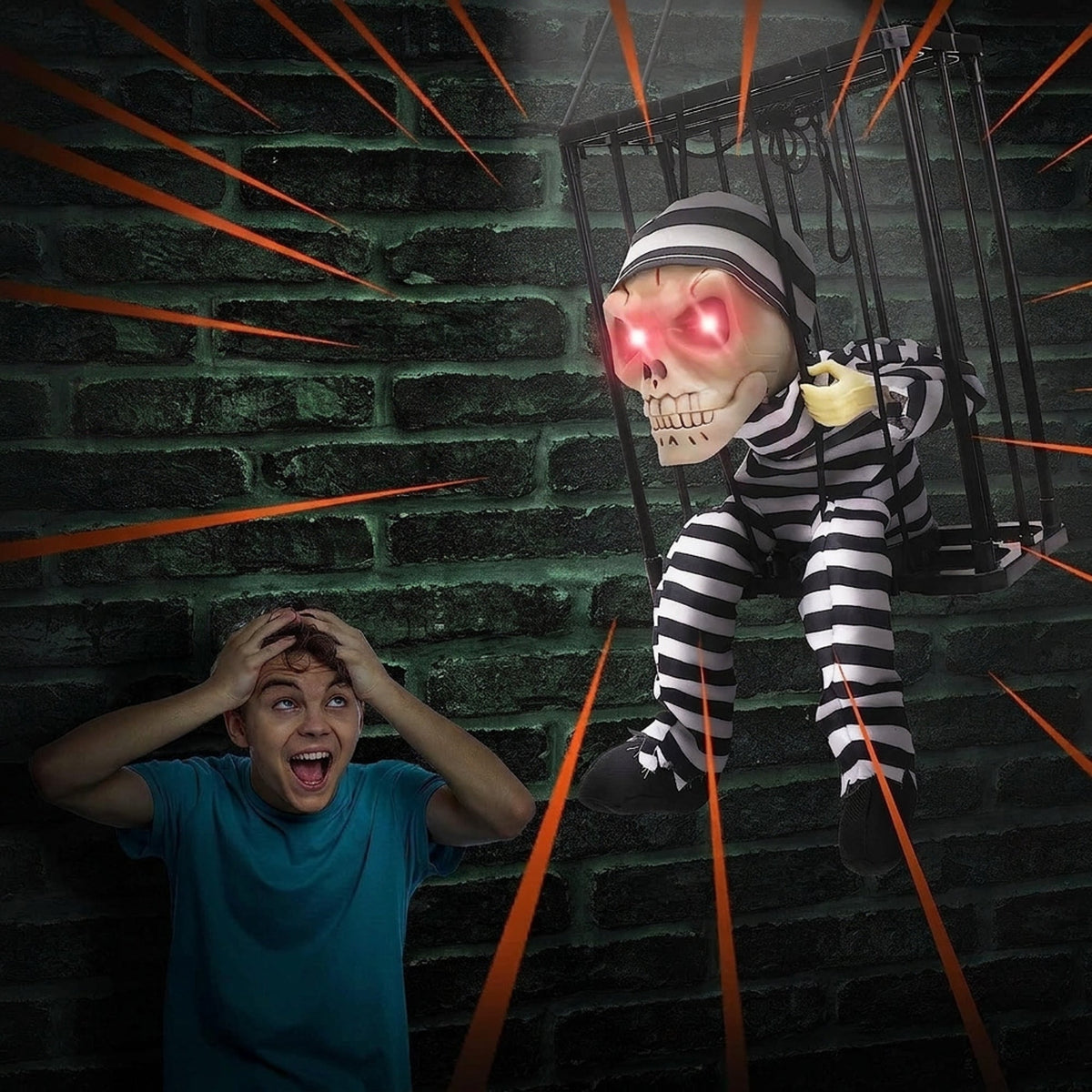 Halloween Decoration Skeleton Cage Motion Activated Red LED Decor