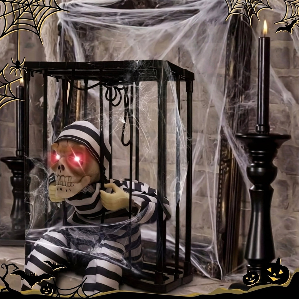 Halloween Decoration Skeleton Cage Motion Activated Red LED Decor