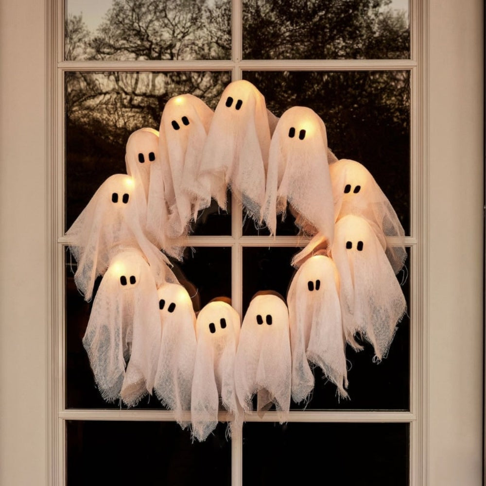 12-Light Illuminated Ghost Halloween Wreath