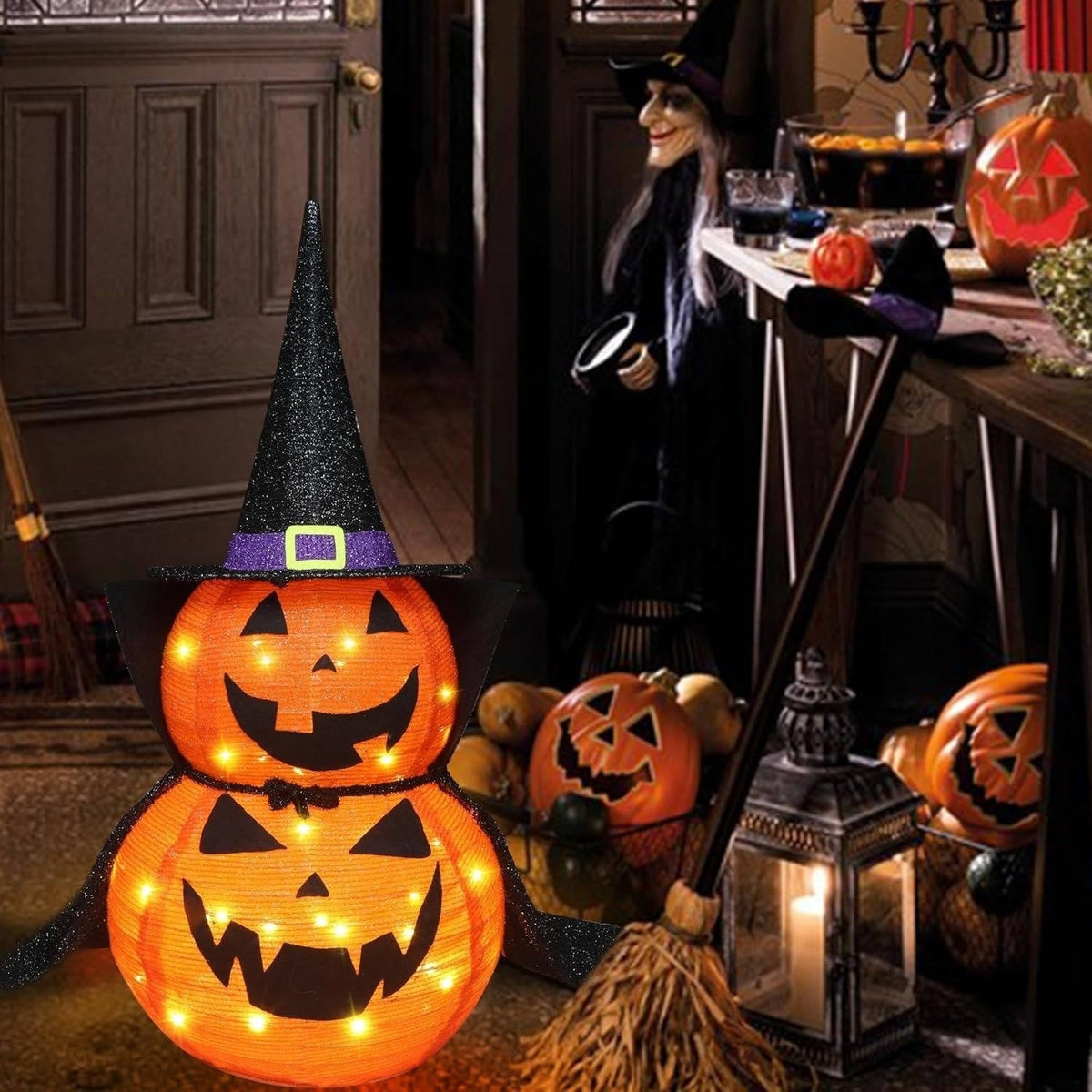 Halloween Pumpkin Decoration Lighted Stacked Jack-O'-Lantern With Witch Hat And Cape For Spooky Outdoor Decor