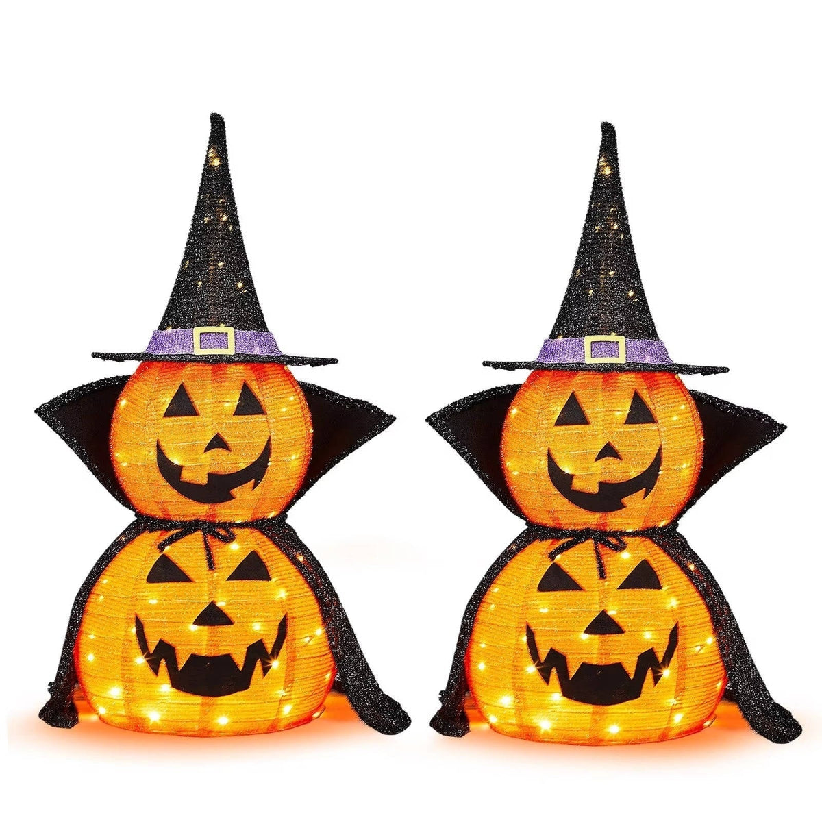 Halloween Pumpkin Decoration Lighted Stacked Jack-O'-Lantern With Witch Hat And Cape For Spooky Outdoor Decor