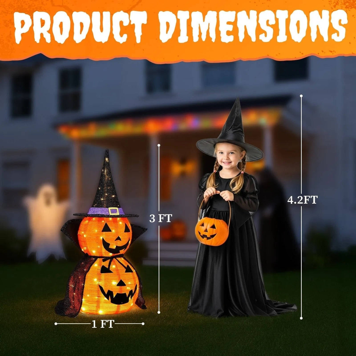 Halloween Pumpkin Decoration Lighted Stacked Jack-O'-Lantern With Witch Hat And Cape For Spooky Outdoor Decor
