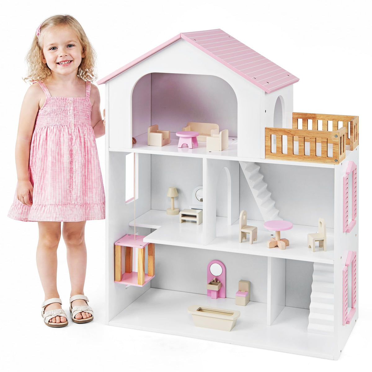 Costzon Wooden Dollhouse with 5 Rooms and Furniture Accessories