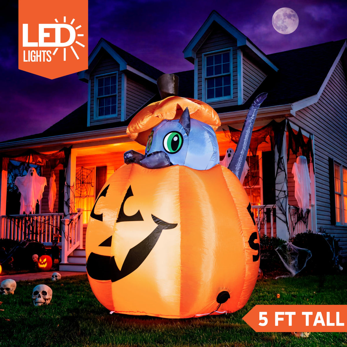 Joiedomi 5 FT Animated Pumpkin Inflatable with Cat - LED Outdoor Decor