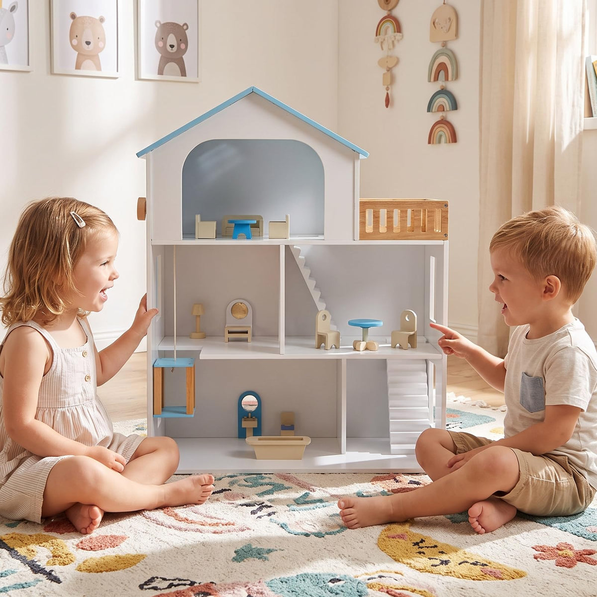 Costzon Wooden Dollhouse with 5 Rooms and Furniture Accessories