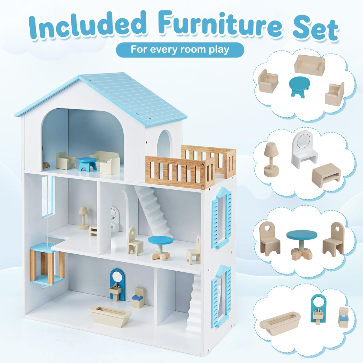 Costzon Wooden Dollhouse with 5 Rooms and Furniture Accessories
