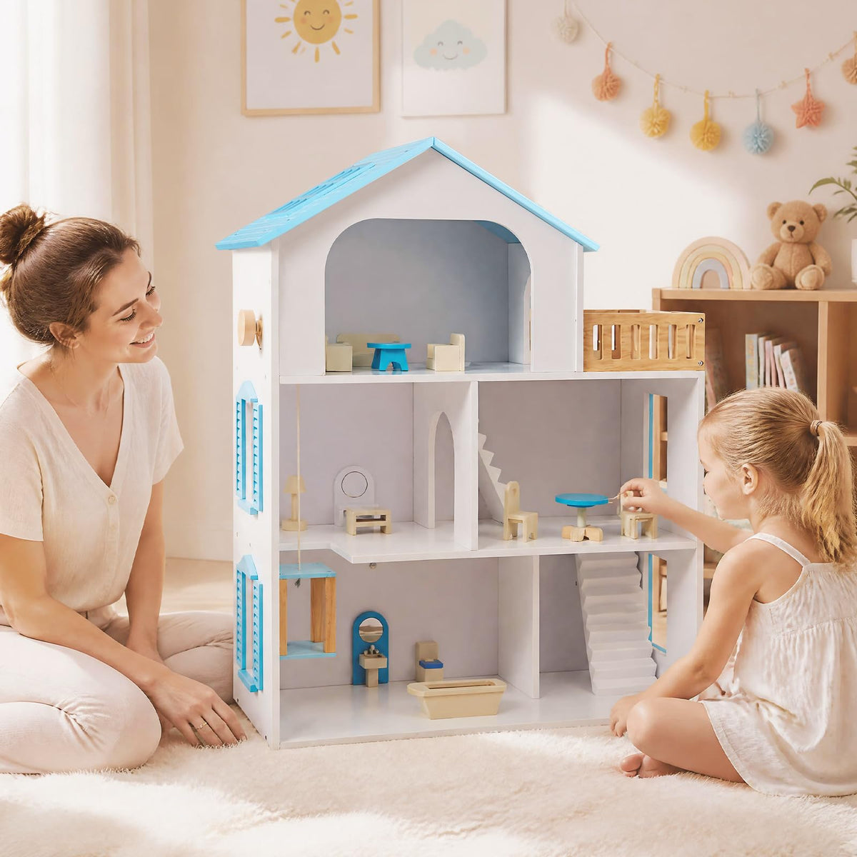 Costzon Wooden Dollhouse with 5 Rooms and Furniture Accessories