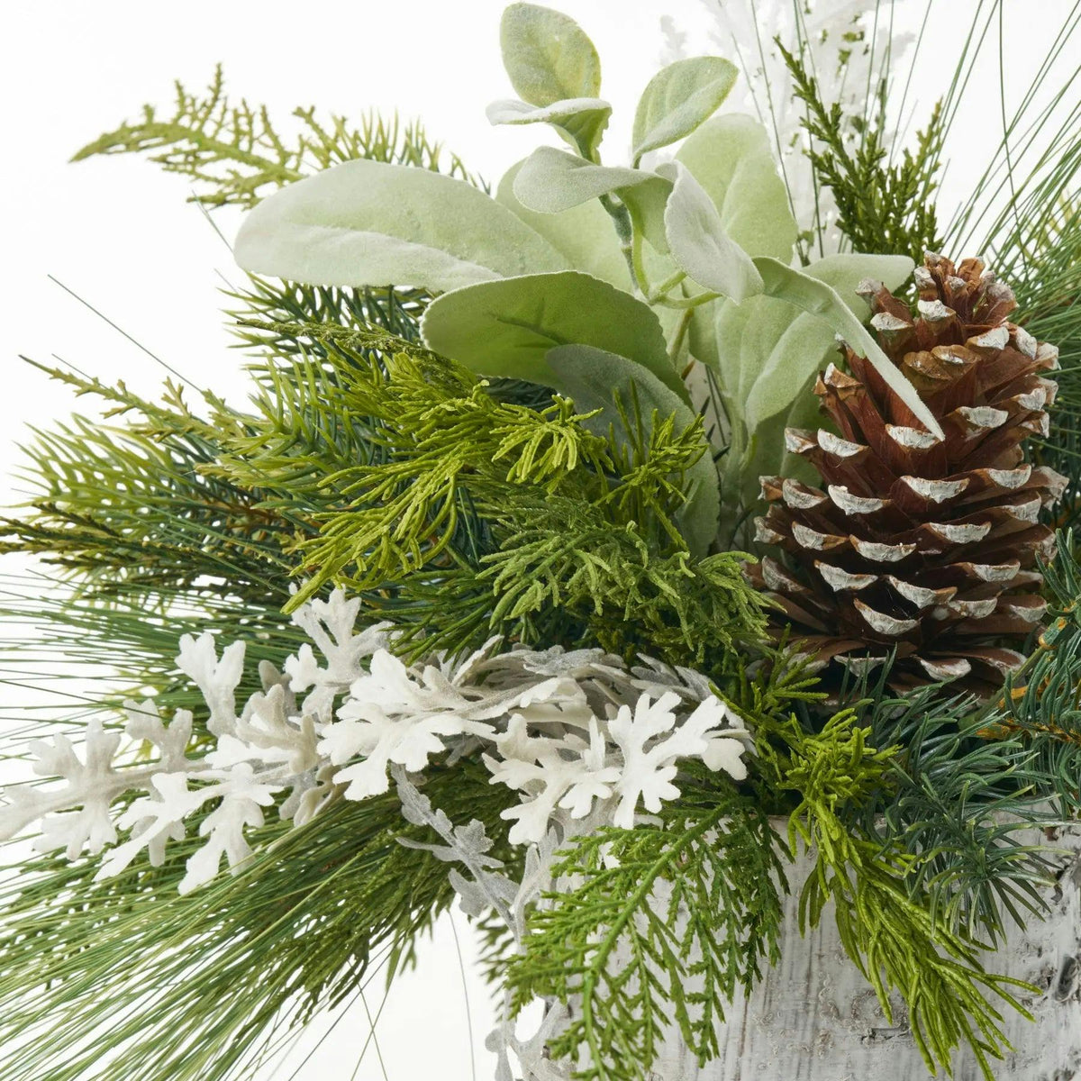 Mixed Winter Greenery & Pinecone Rustic Arrangement in White Birch Cylinder