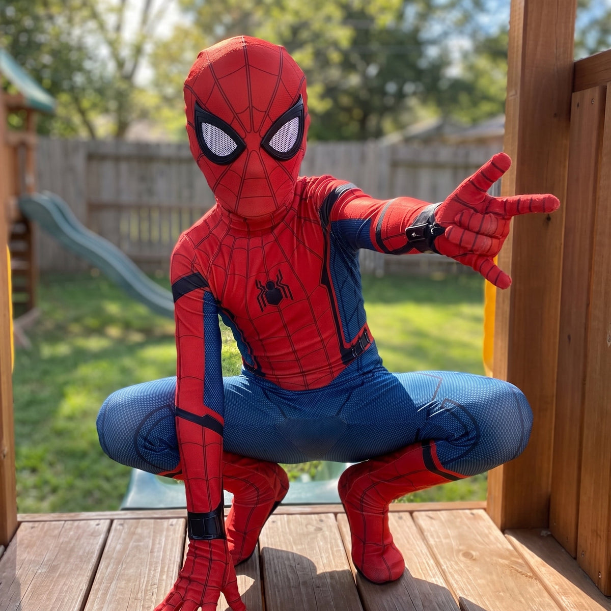 Superhero Costume Halloween Full-Body Red And Blue Spider Web Suit With Mask Cosplay Outfit Invisible Back Zipper