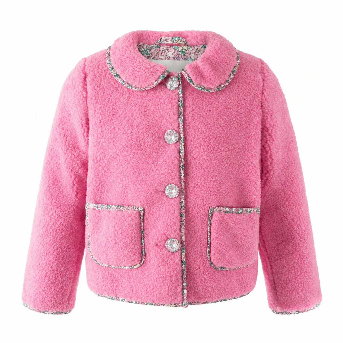Pink Shearling Floral Trim Jacket