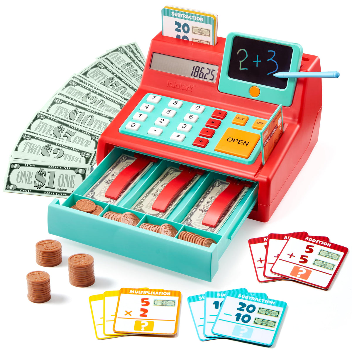 lalalark Kids Cash Register Toy with Play Money, Voice Calculator & Write Erase Pad - Educational Pretend Play Toy for Toddlers 3+