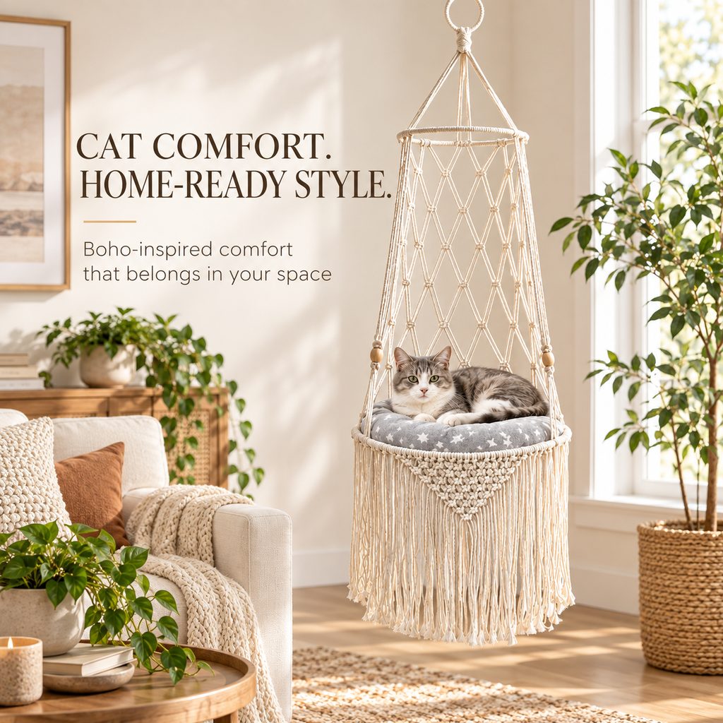 Handwoven Macrame Hanging Cat Bed with Cushion, Boho Elevated Cat Hammock for Indoor Cats, Space-Saving Cozy Resting Spot for Window & Home Corners
