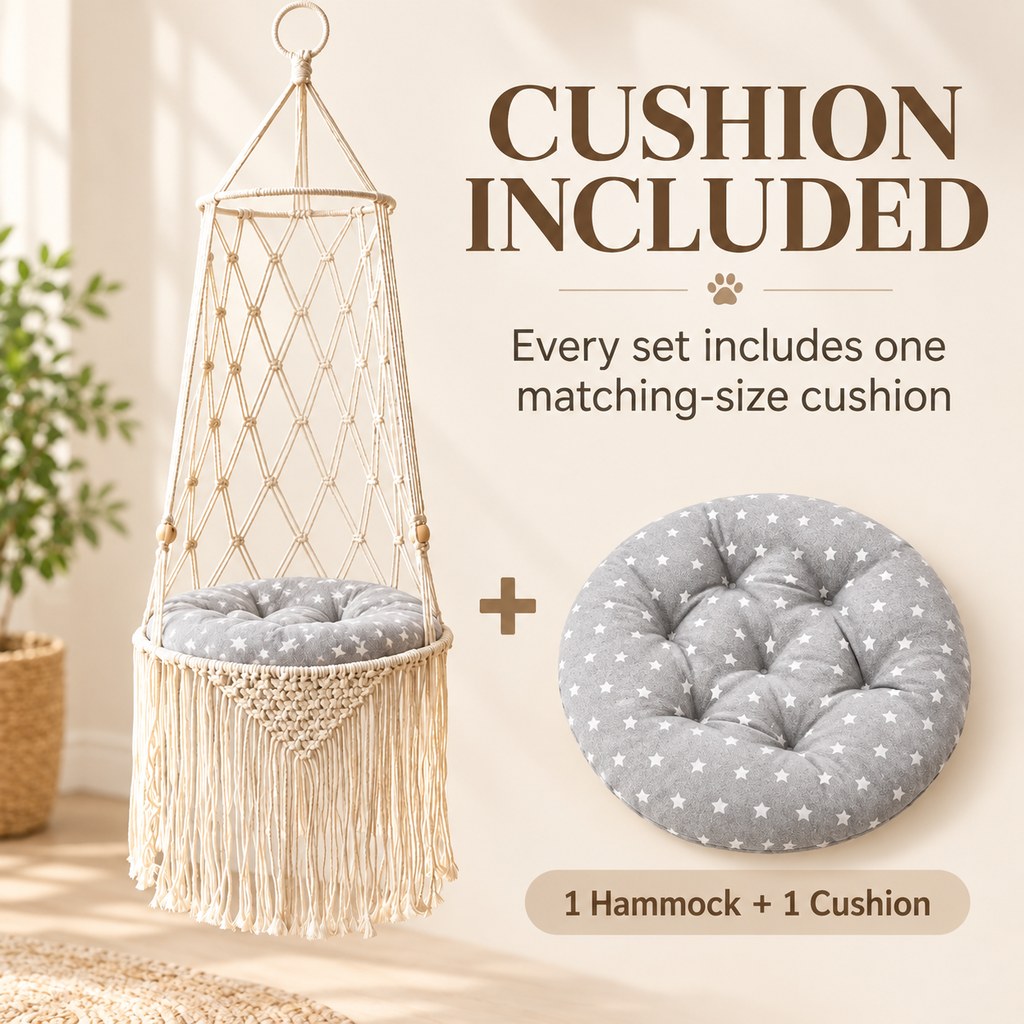 Handwoven Macrame Hanging Cat Bed with Cushion, Boho Elevated Cat Hammock for Indoor Cats, Space-Saving Cozy Resting Spot for Window & Home Corners