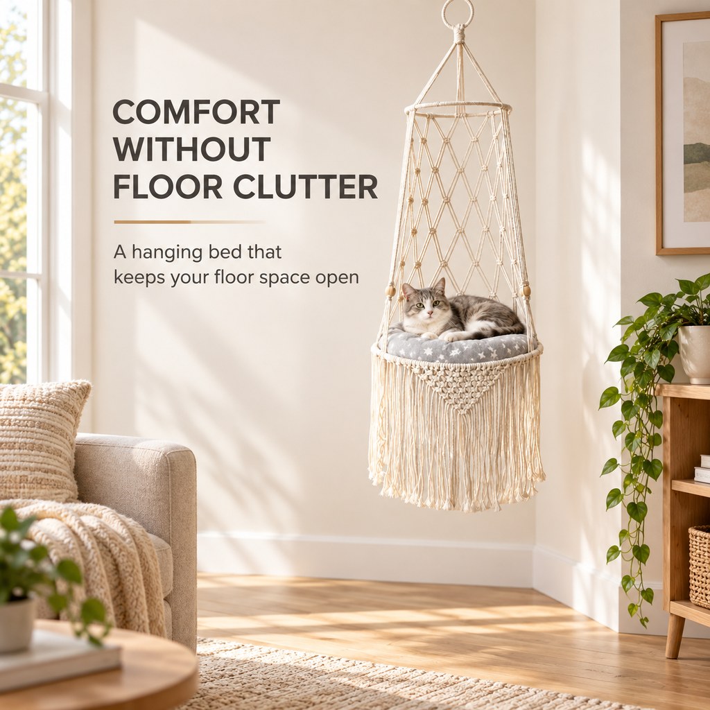 Handwoven Macrame Hanging Cat Bed with Cushion, Boho Elevated Cat Hammock for Indoor Cats, Space-Saving Cozy Resting Spot for Window & Home Corners