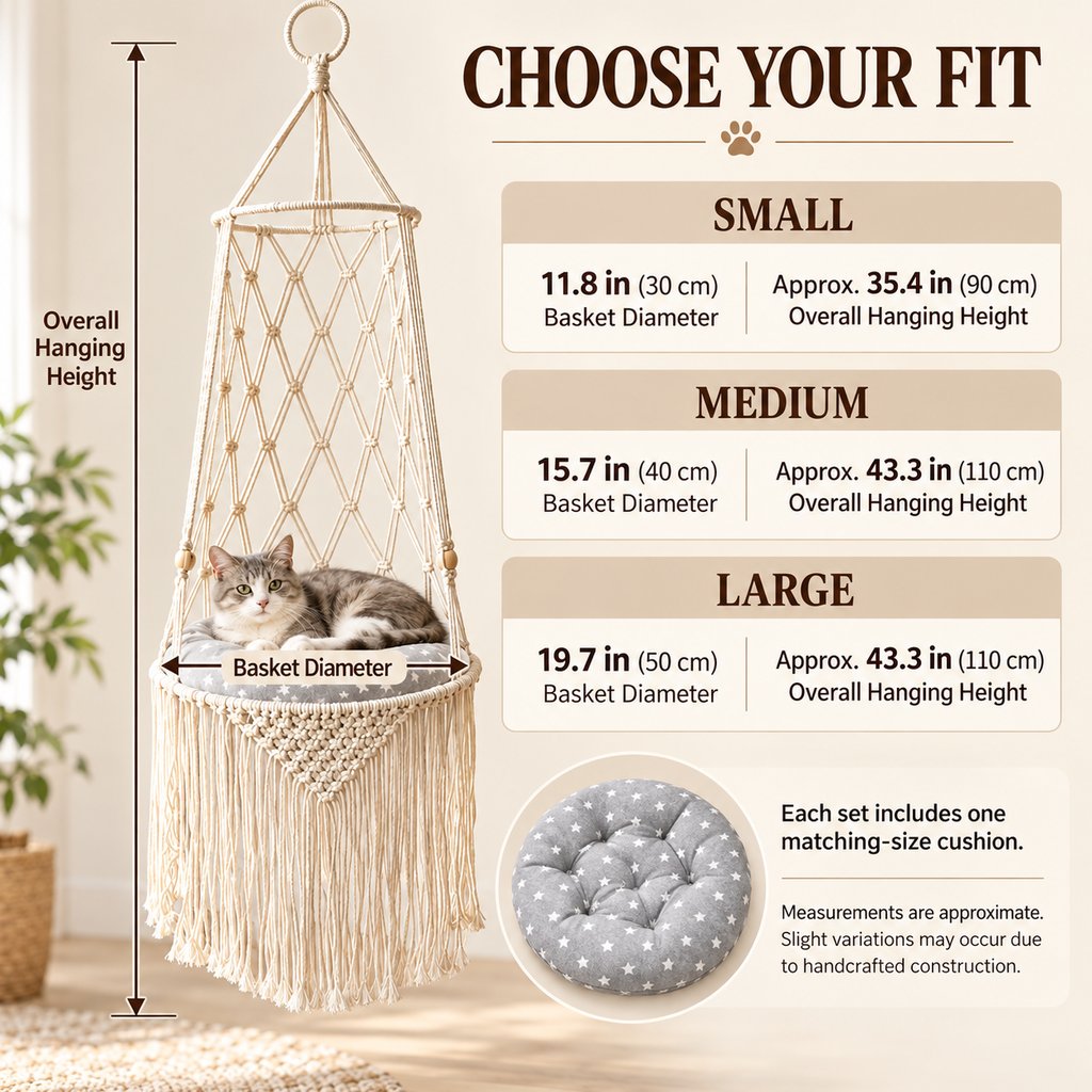 Handwoven Macrame Hanging Cat Bed with Cushion, Boho Elevated Cat Hammock for Indoor Cats, Space-Saving Cozy Resting Spot for Window & Home Corners
