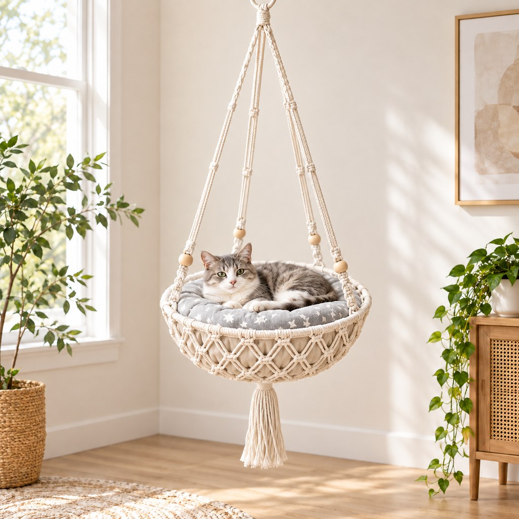 Handwoven Macrame Hanging Cat Bed with Cushion, Boho Elevated Cat Hammock for Indoor Cats, Space-Saving Cozy Resting Spot for Window & Home Corners
