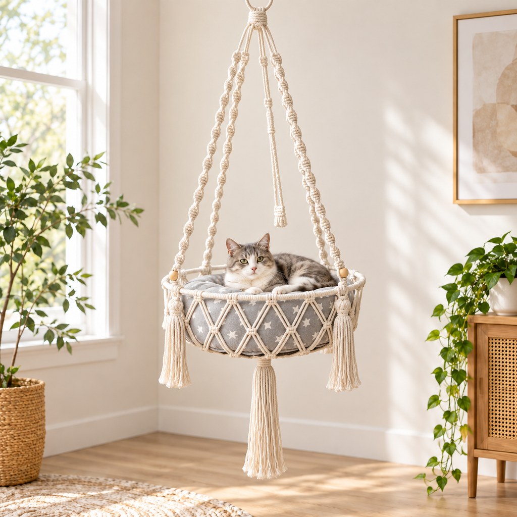 Handwoven Macrame Hanging Cat Bed with Cushion, Boho Elevated Cat Hammock for Indoor Cats, Space-Saving Cozy Resting Spot for Window & Home Corners