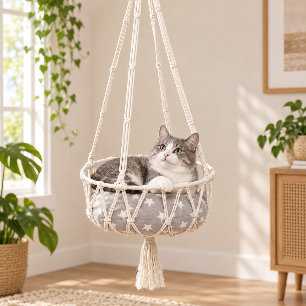Handwoven Macrame Hanging Cat Bed with Cushion, Boho Elevated Cat Hammock for Indoor Cats, Space-Saving Cozy Resting Spot for Window & Home Corners