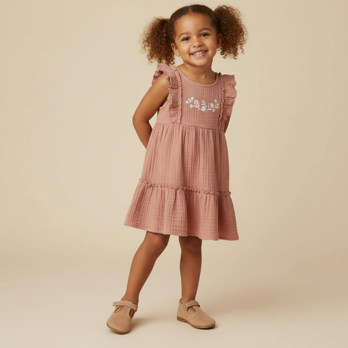 Organic Embroidered Tiered Dress - Clay