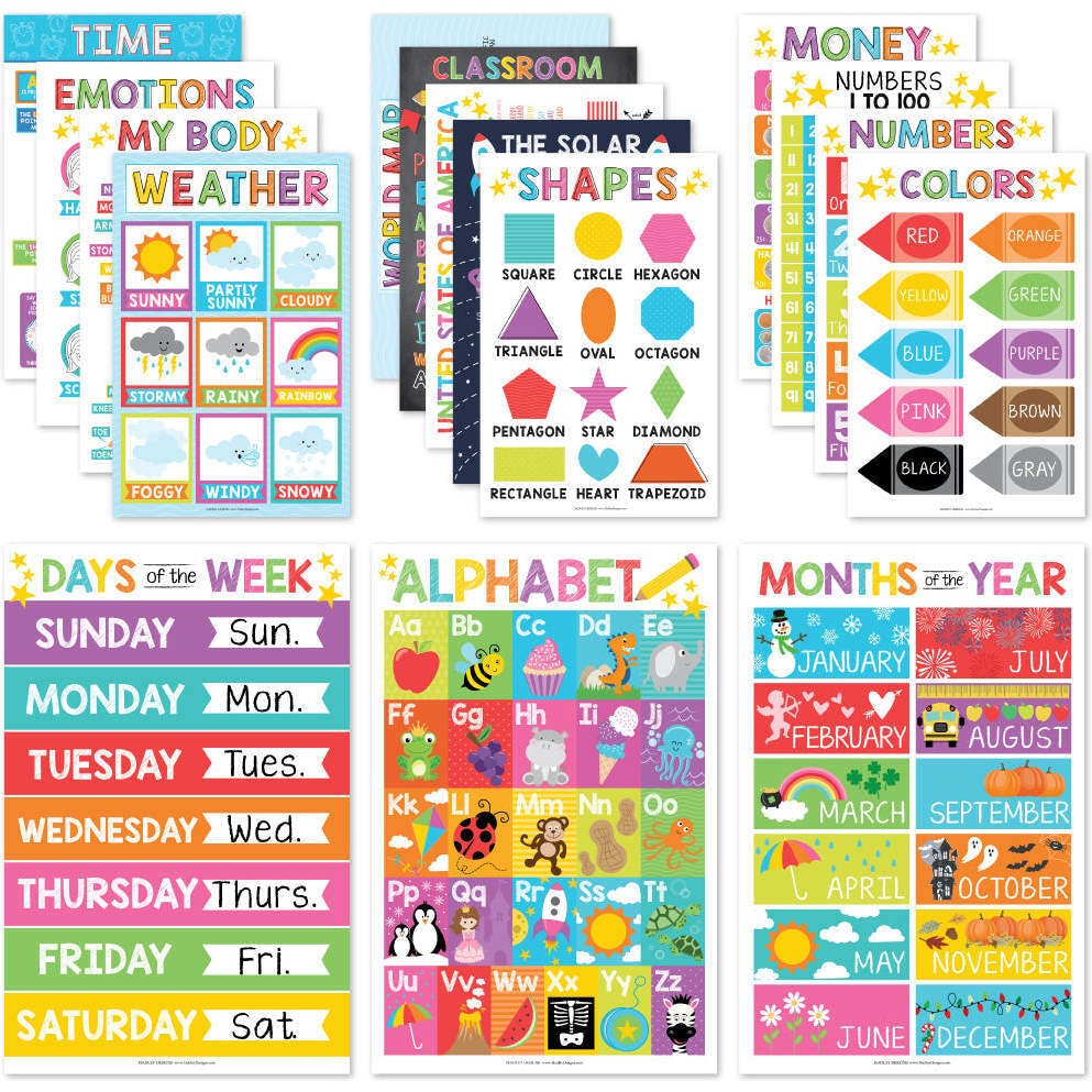 16-Piece Laminated Colorful Prek & Kindergarten Posters & 8-Piece Calming Corner Posters