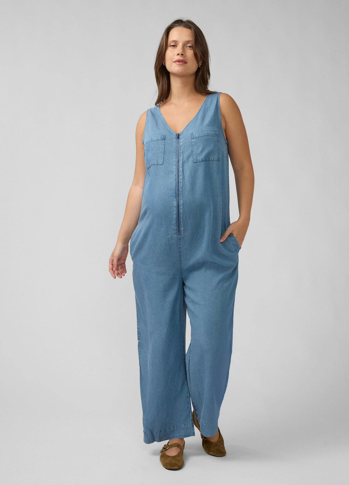 Wide Leg Zip Front Chambray Maternity and Nursing Jumpsuit