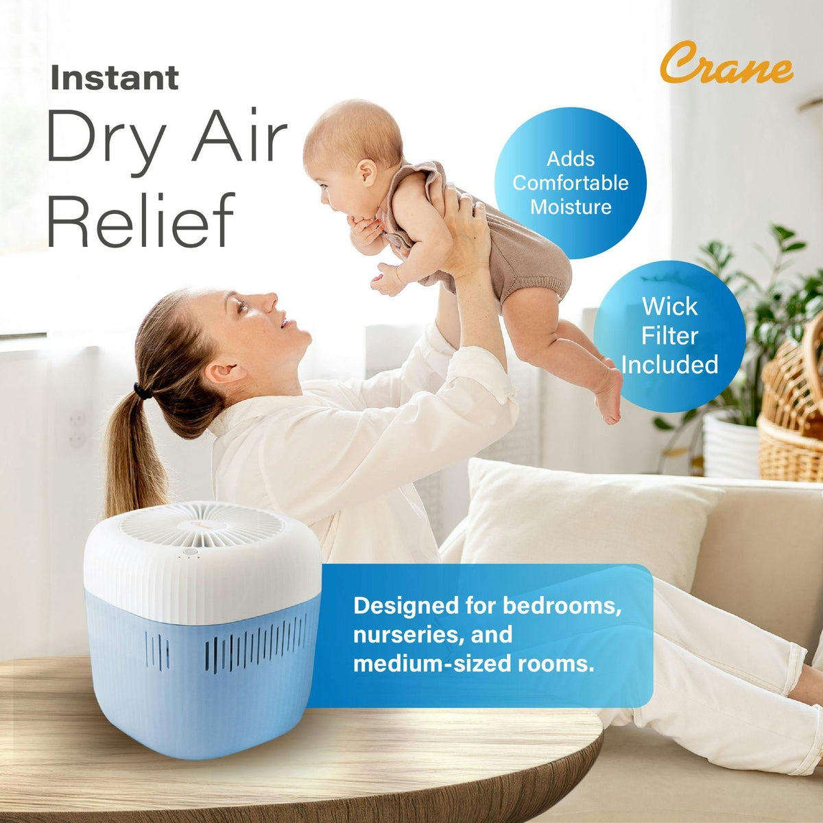 Evaporative  Humidifier, Cool Mist 0.5 Gal Top Fill, UV Light, Wick Filter