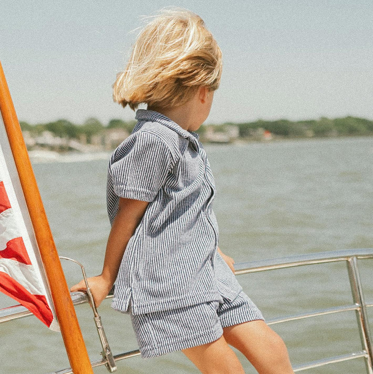 boys navy stripe french terry button up