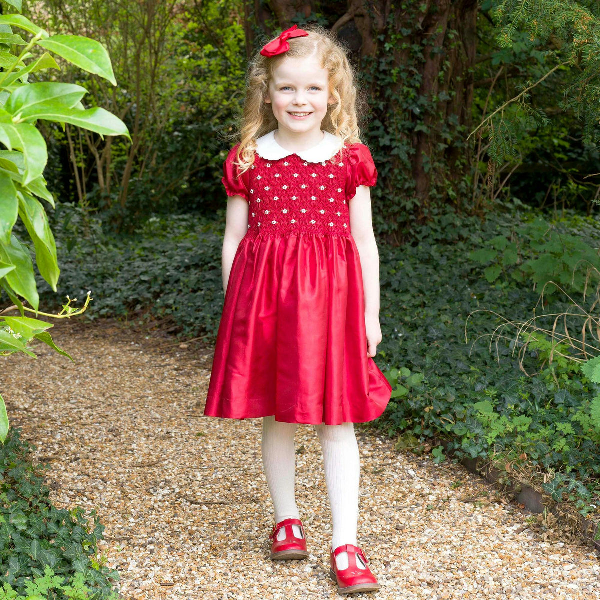 Red Taffeta Rosebud Smocked Dress