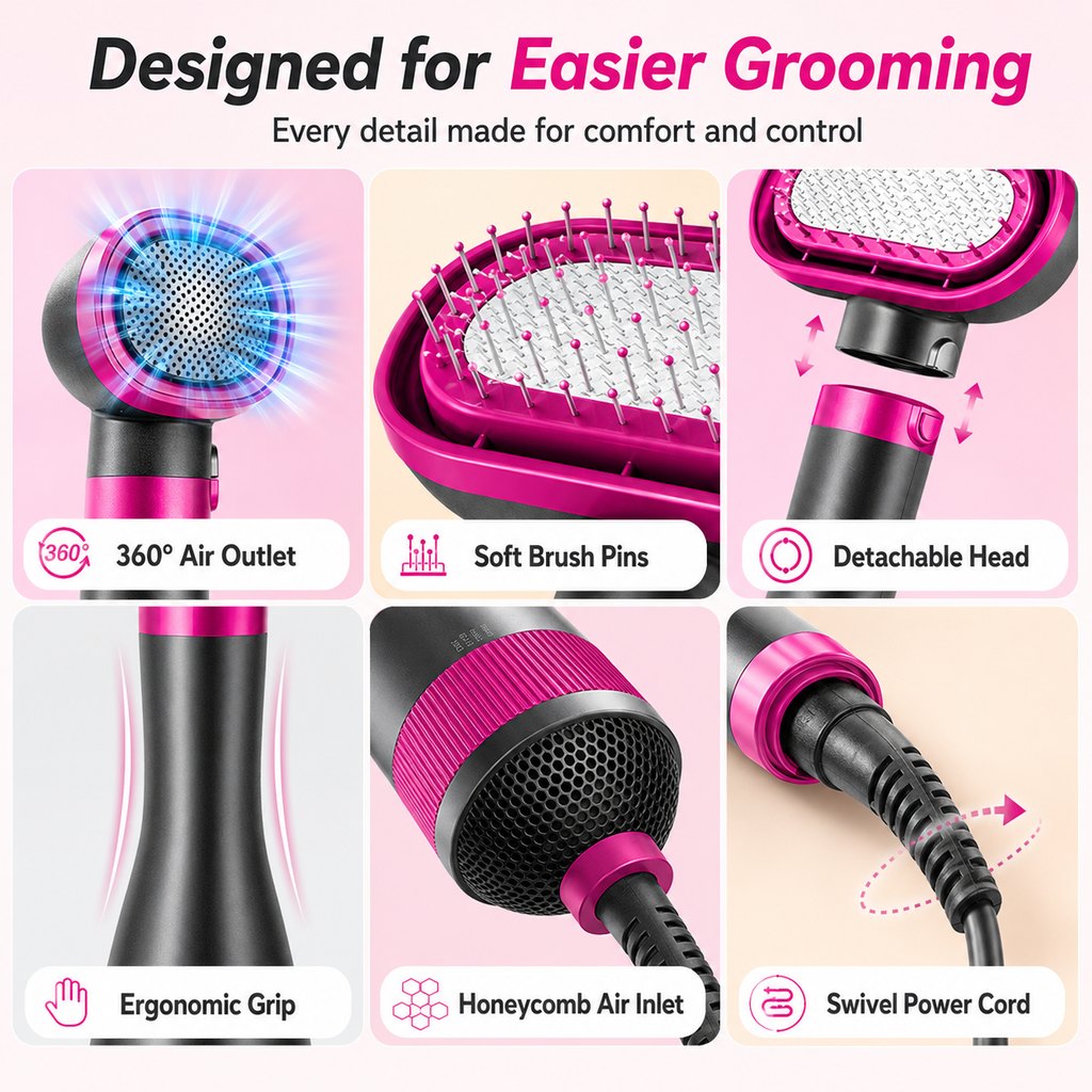 4-in-1 Pet Dryer Brush for After-Bath Grooming, Low-Noise Dog & Cat Hair Dryer Comb for Easier Drying, Brushing & Detangling