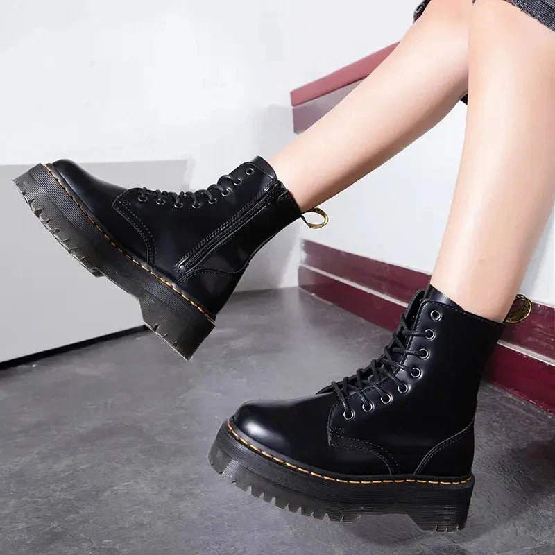 Platform Combat Boots Lace-Up with Side Zipper and Chunky Sole